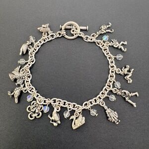 Vintage Twelve Days of Christmas Charm Bracelet Iridescent Beaded Silver Tone